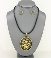 Pierced brass and black cord animal print pendant necklace & earring set