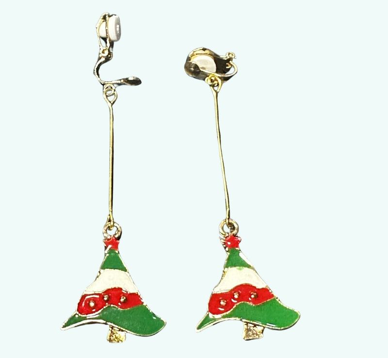 Clip on 1 1/2" gold wire, green, red and white dangle Christmas Tree earrings