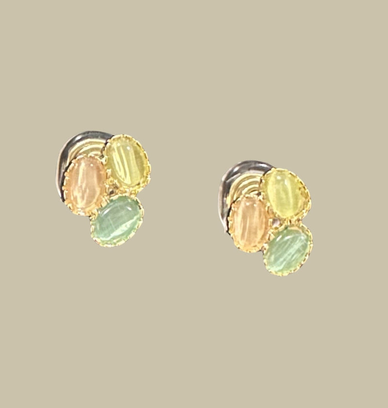 Clip on 1/2" comfort fit small green, yellow, & orange stone earrings