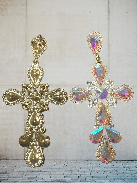 Pierced 3 3/4" long gold and fluorescent stone cross dangle earrings