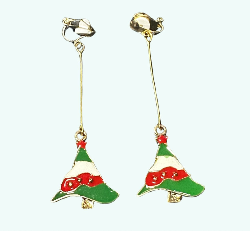 Clip on 1 1/2" gold wire, green, red and white dangle Christmas Tree earrings