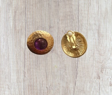 Clip on 1" matte gold and purple stone round hammered earrings