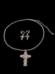 Clip on silver clear stone Cross necklace and earring set