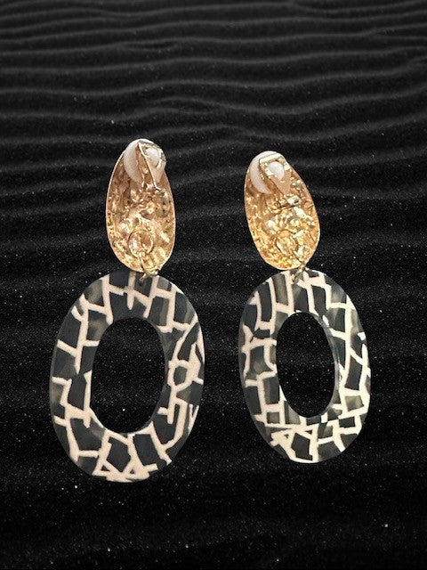 Clip on 2  3/4" gold hammered dangle cream and black oval earrings