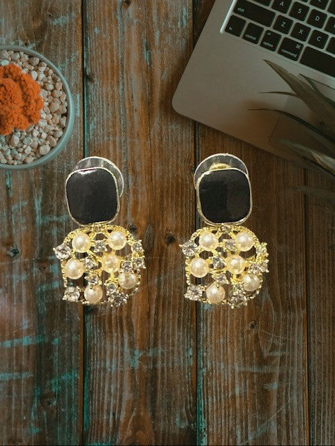 Pierced 1" small gold, black and white pearl earrings with clear stones