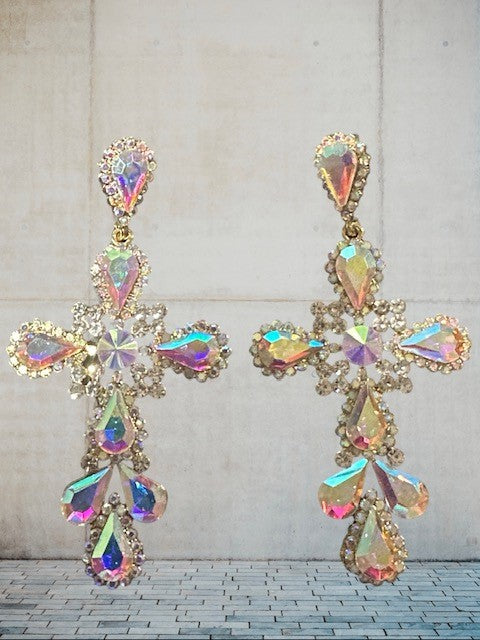 Pierced 3 3/4" long gold and fluorescent stone cross dangle earrings