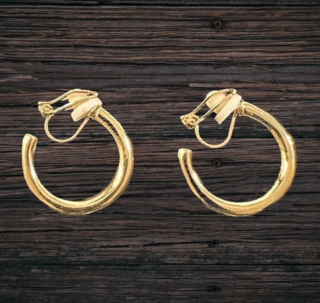 Clip on 1" shiny gold open back hoop earrings