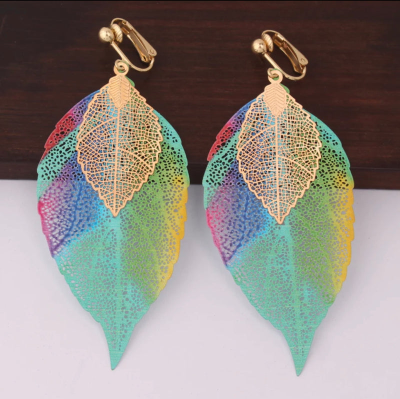 Clip on 3 1/2" gold and green multi colored swirl leaf earrings