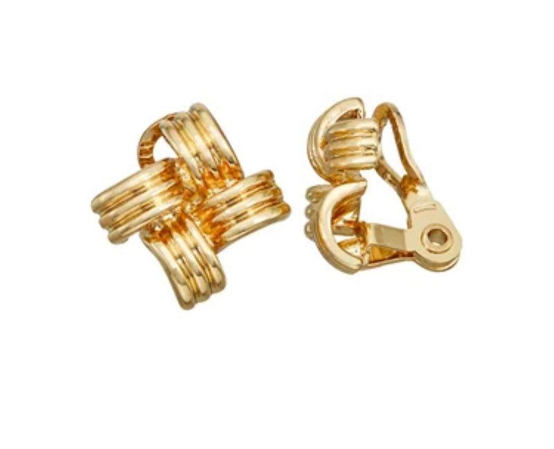 Comfort clip on gold indented woven earrings