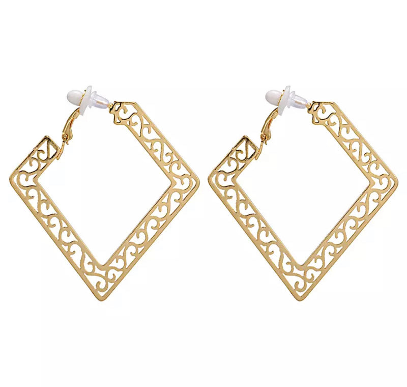 Unique 2 1/4" clip on silver and gold square flower design hoop earrings