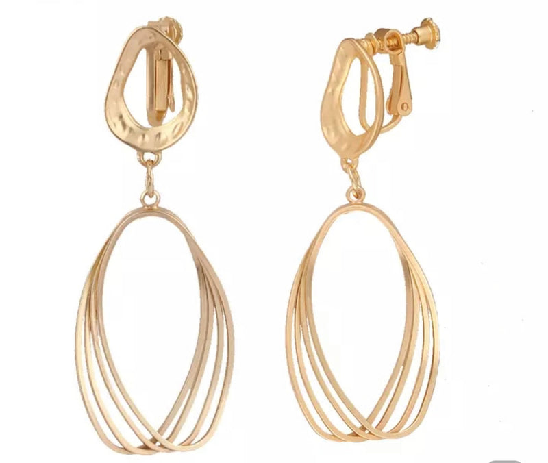 Clip on 2 1/2" hammered matte gold lightweight cutout top dangle earrings