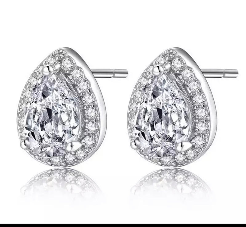 Sterling silver teardrop clear stone pierced earrings
