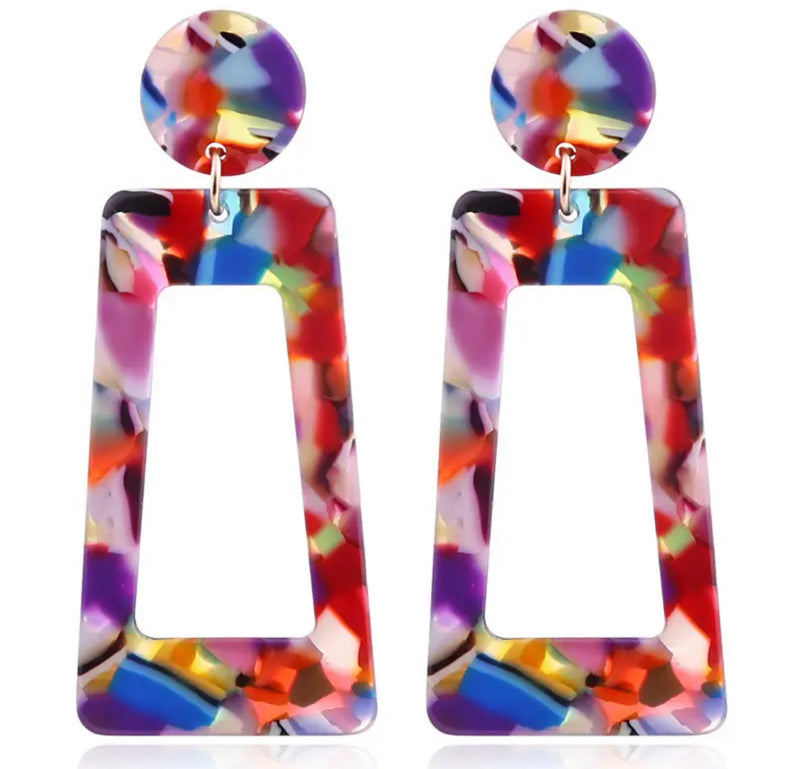 Clip on 2 3/4" gold and multi colored long square earrings