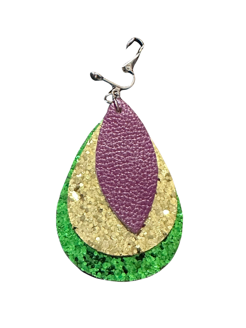 Clip on or pierced silver, purple, glitter gold and green Mardi Gras earrings