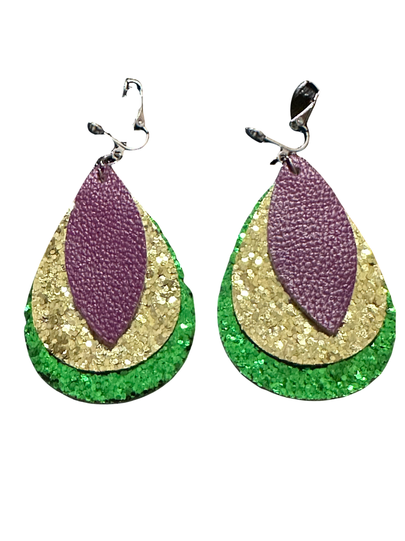 Clip on or pierced silver, purple, glitter gold and green Mardi Gras earrings
