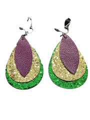 Pierced silver, purple multi colored pleather Fleur De Lis teardrop earrings