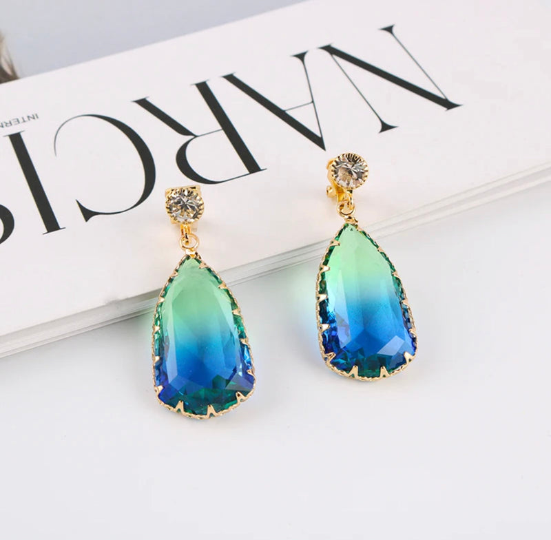 Clip on 1 1/2" gold, blue, and green odd shaped stone earrings