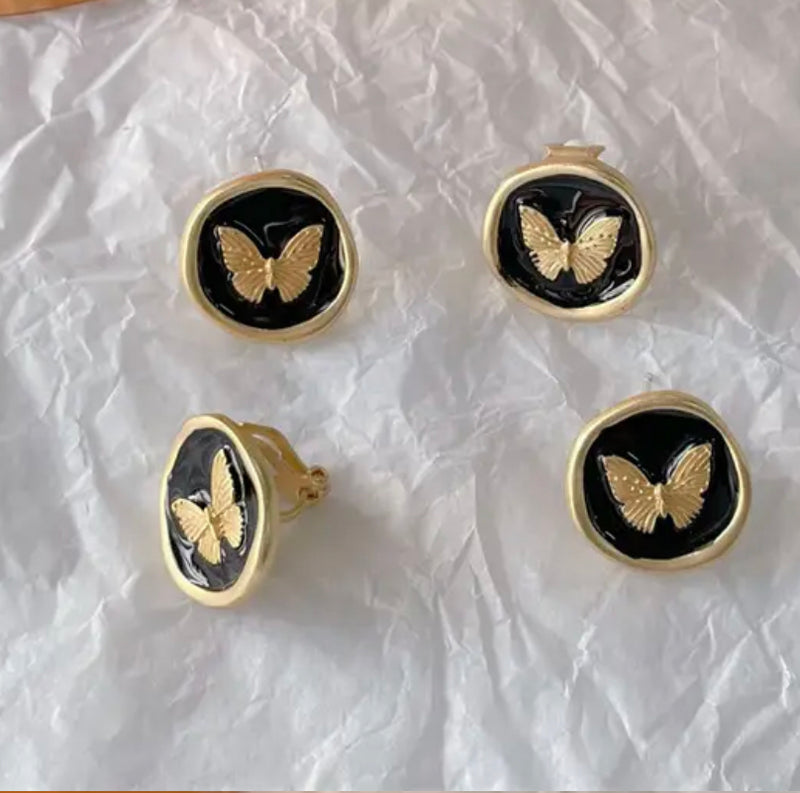 Clip on 3/4" matte gold white or black round butterfly button earrings