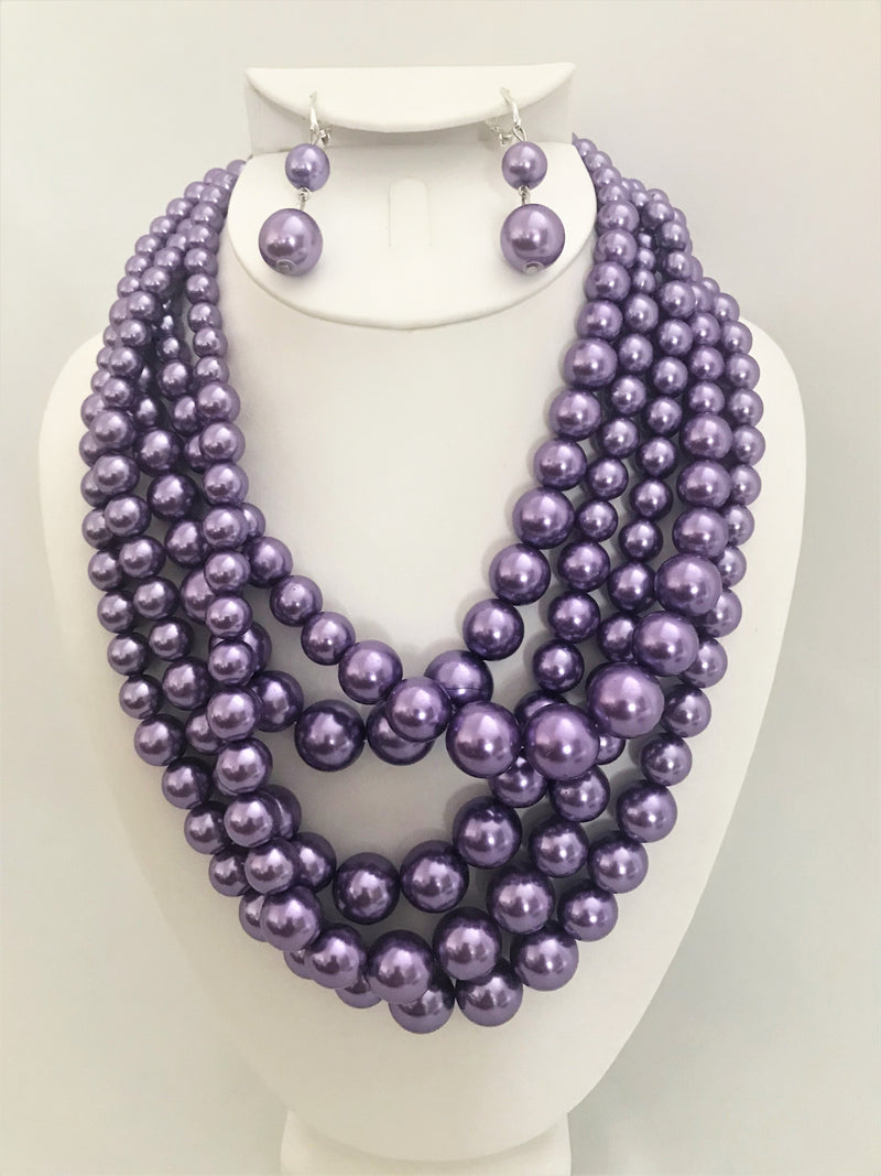 Clip on silver and purple 5 strand pearl necklace set