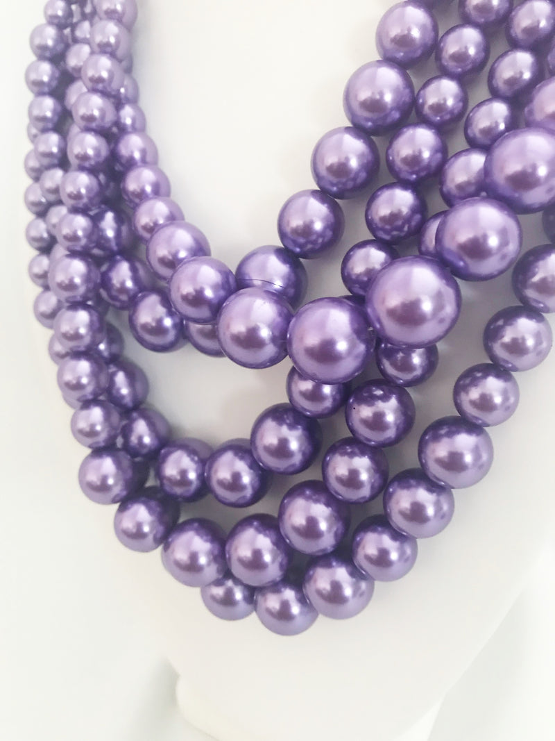 Clip on silver and purple 5 strand pearl necklace set