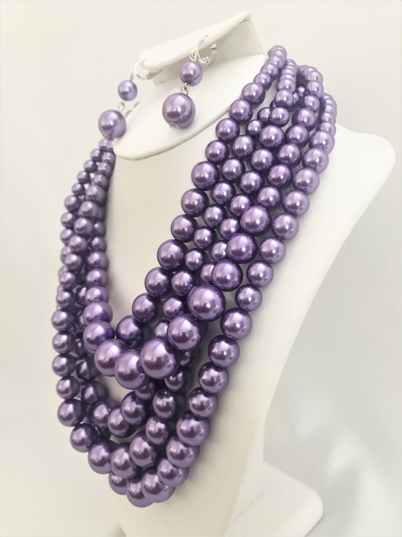 Clip on silver and purple 5 strand pearl necklace set