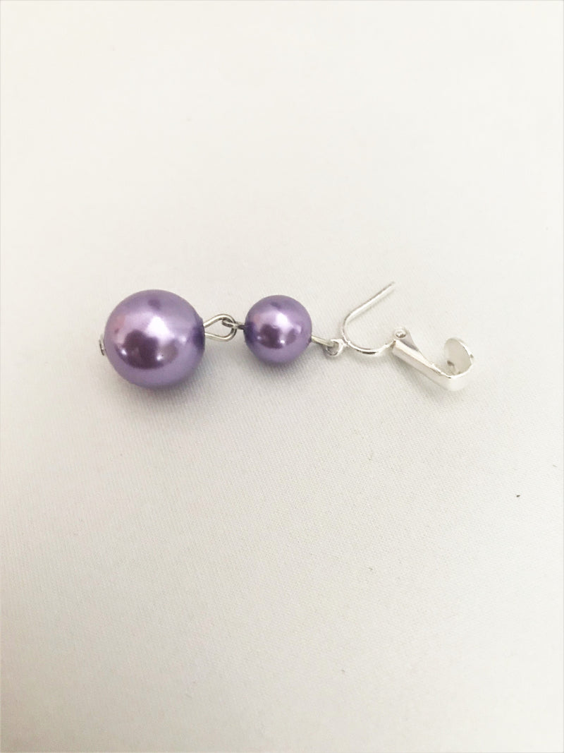 Clip on silver and purple 5 strand pearl necklace set