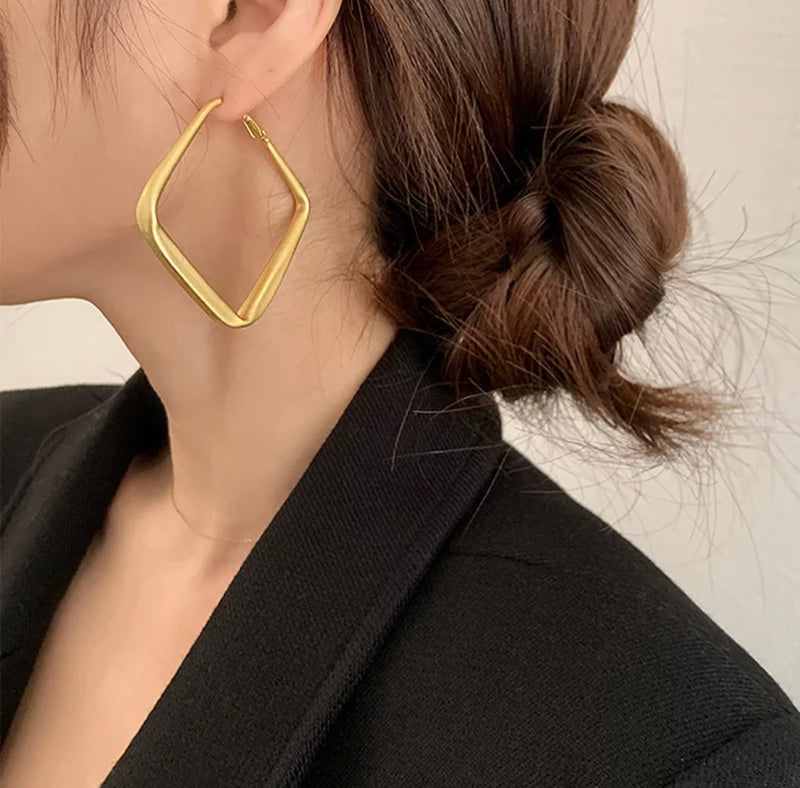 Clip on 2 1/4" matte gold square hoop earrings