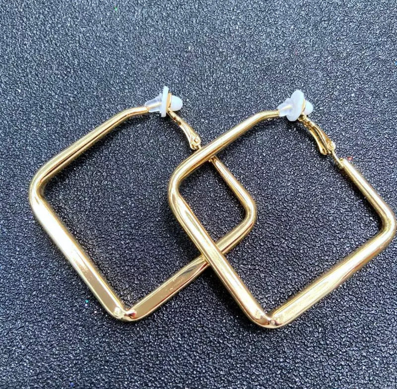 Clip on 2 1/4" matte gold square hoop earrings