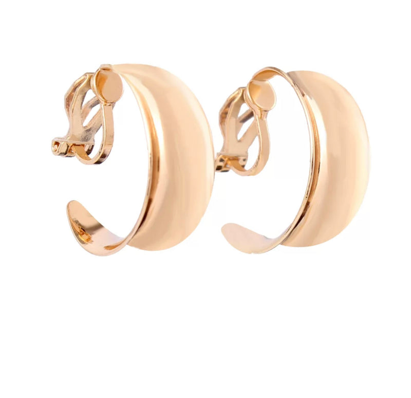 Clip on gold wide indented open back hoop earrings