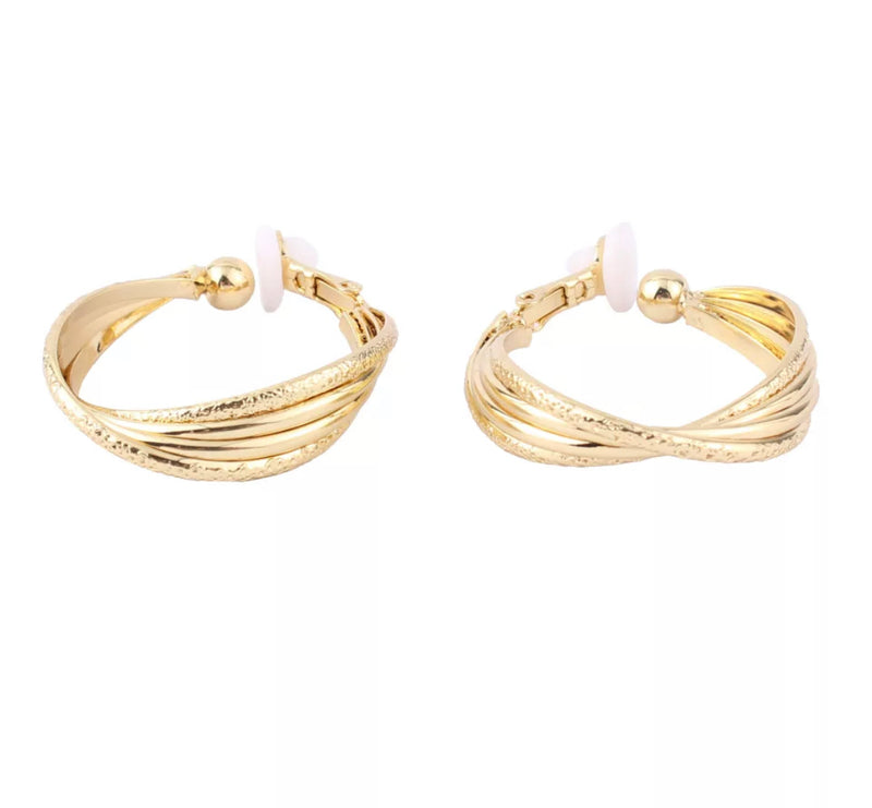 Trendy 1 1/4" gold shiny and textured twisted hoop earrings