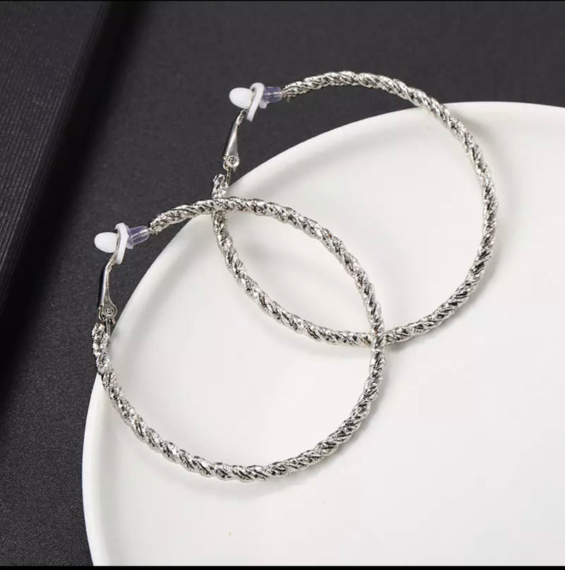 Clip on 2 1/4" silver textured twisted rope hoop earrings