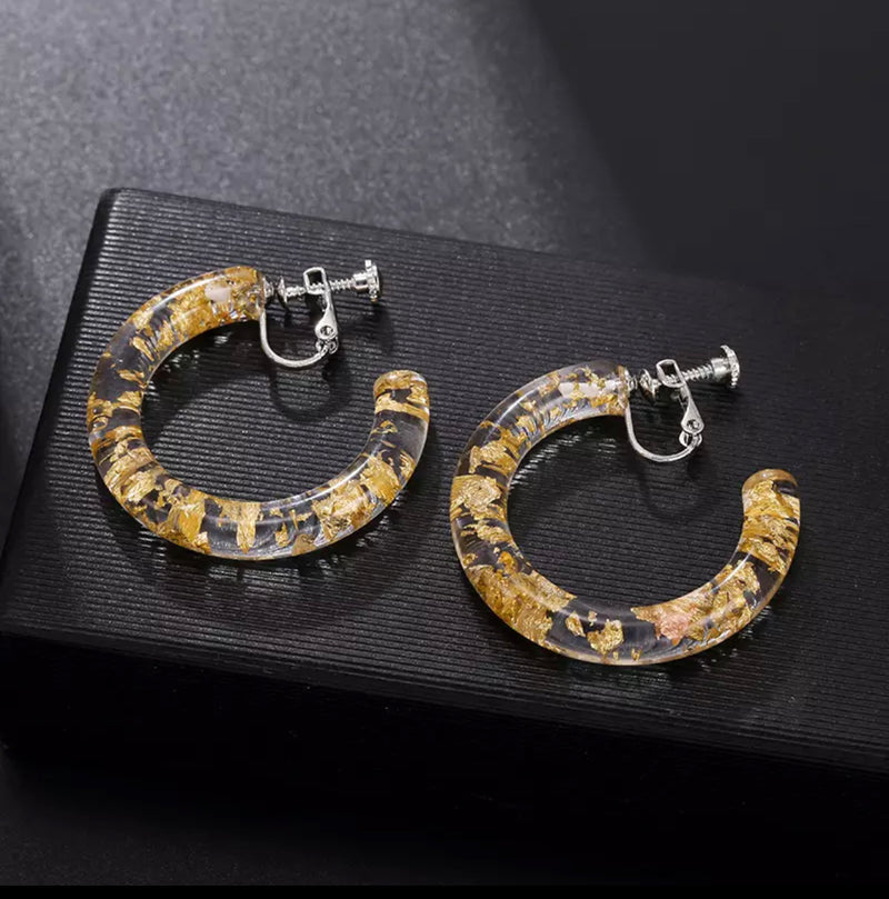 Clip on 1 3/4" clear silver and gold glitter open back hoop earrings