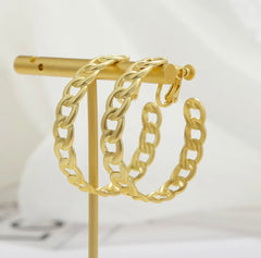 Clip on matte gold wide chain open back hoop earrings