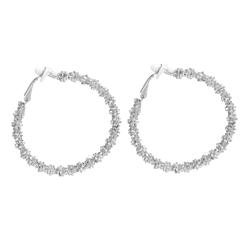 Stylish clip on 2" large silver textured hoop earrings