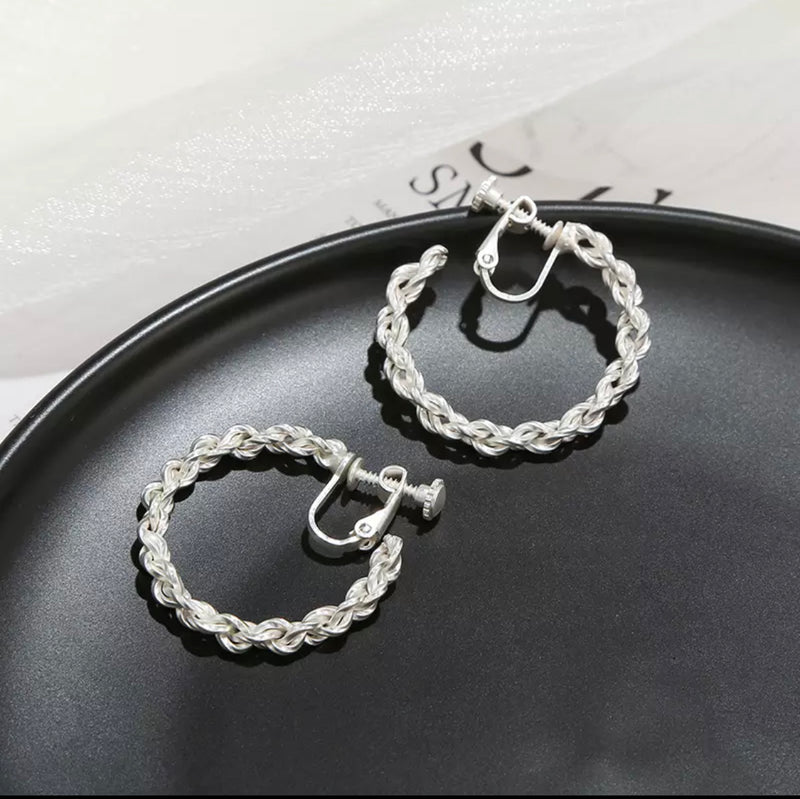 Clip on 1 1/2" matte silver twisted rope open back hoop earrings