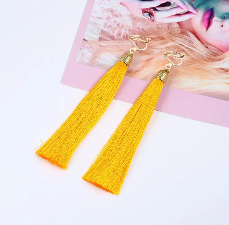 Clip on indented gold top 5" Xlong thread earrings in a variety of colors