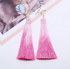 Clip on Xlong gold clasp wrapped ombre' thread earrings in a variety of colors