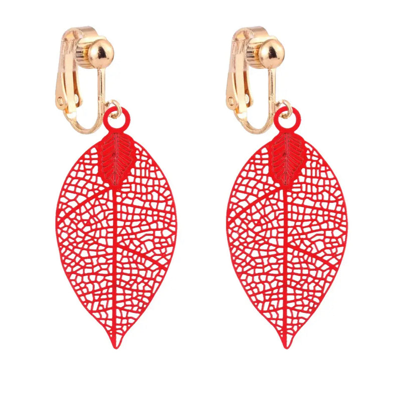 Clip on 2" gold clasp leaf earrings in a variety of colors