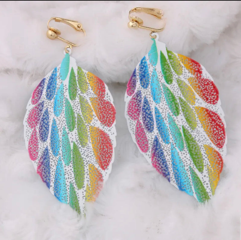 Clip on 3 1/2" gold clasp multi colored, swirl, or splash leaf earrings
