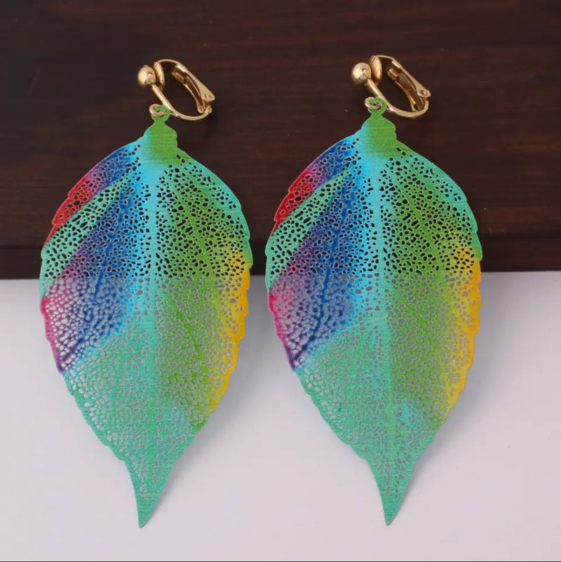 Clip on 3 1/2" gold clasp multi colored, swirl, or splash leaf earrings