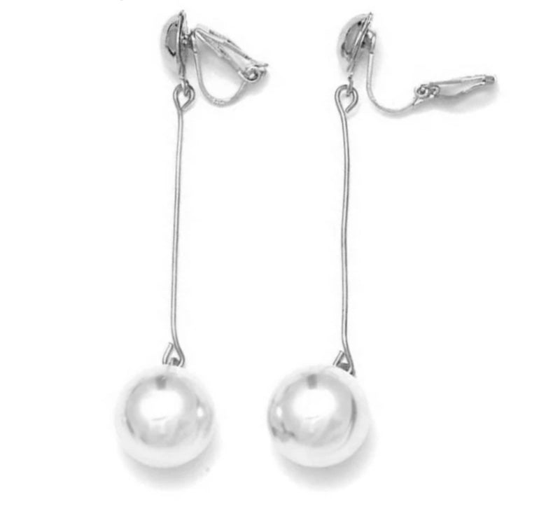Clip on 2 3/4" long silver wire white pearl dangle earrings