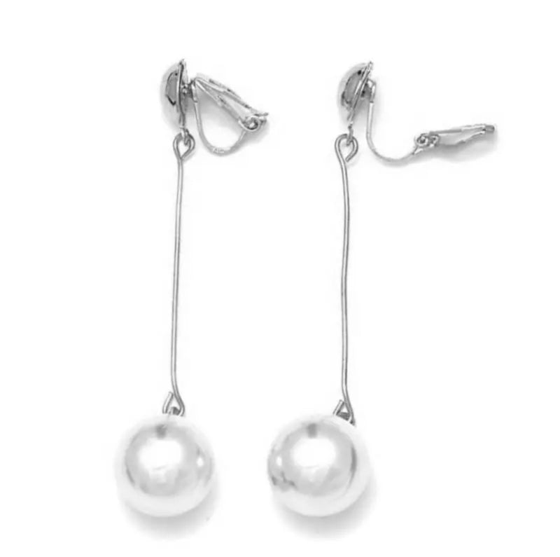 Clip on 2 3/4" long silver wire white pearl dangle earrings