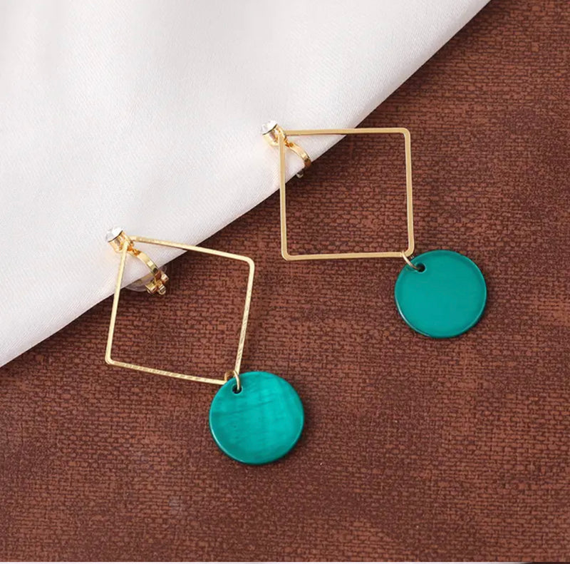 Clip on 2 1/2" gold square earrings with dangle turquoise shell and clear stone