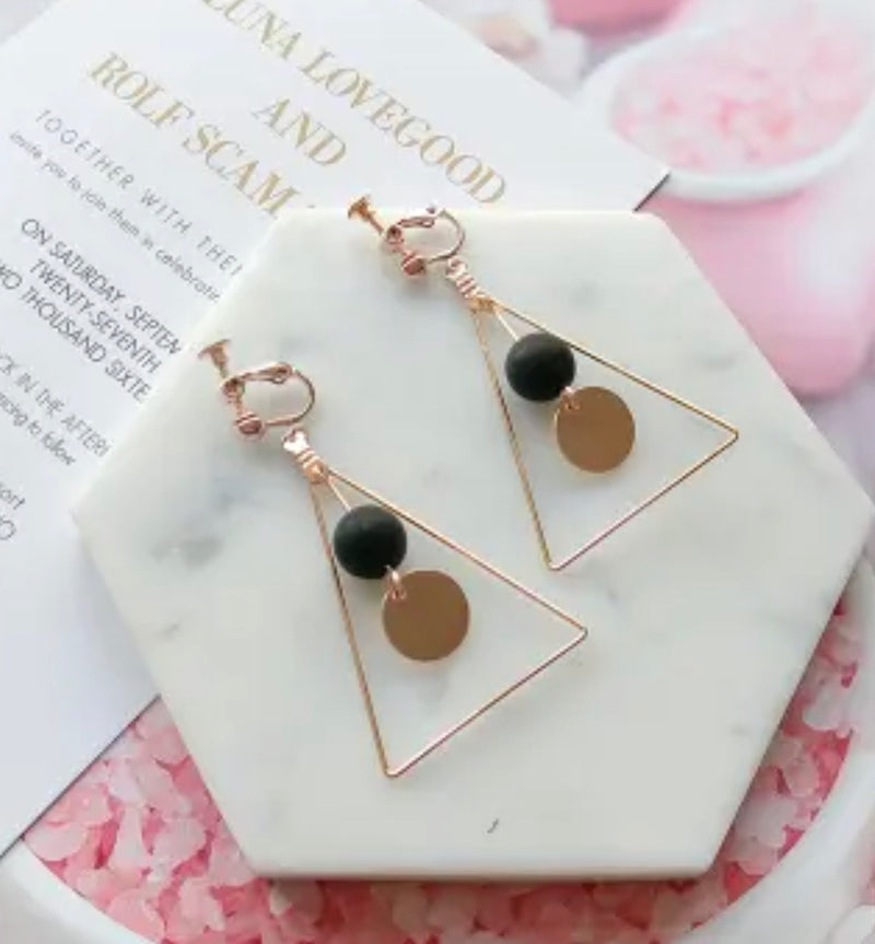 Clip on 2 1/2" gold triangle earrings with black bead & flat gold circle