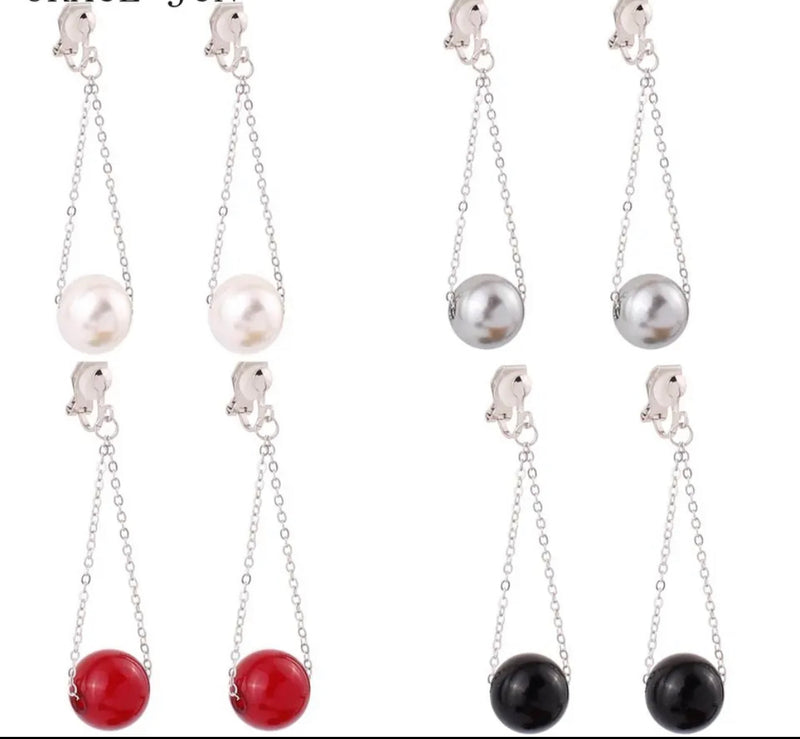 Clip on 3" silver chain white, gray, red, or black dangle pearl bead earrings