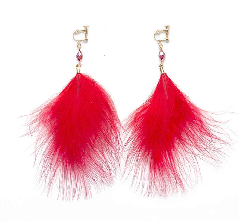 Unique clip on 5" Xlong silver, red bead and red feather dangle earrings