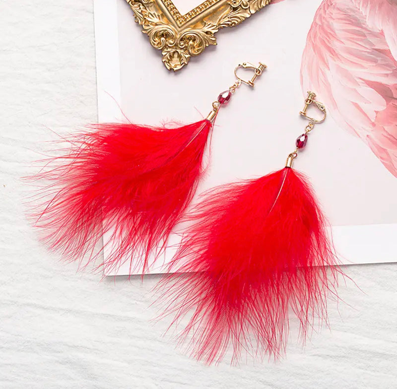 Unique clip on 5" Xlong silver, red bead and red feather dangle earrings