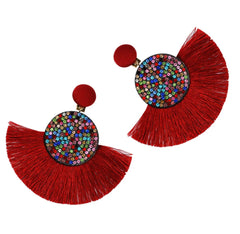 Clip on red, black and multi colored stone dangle thread fan style earrings