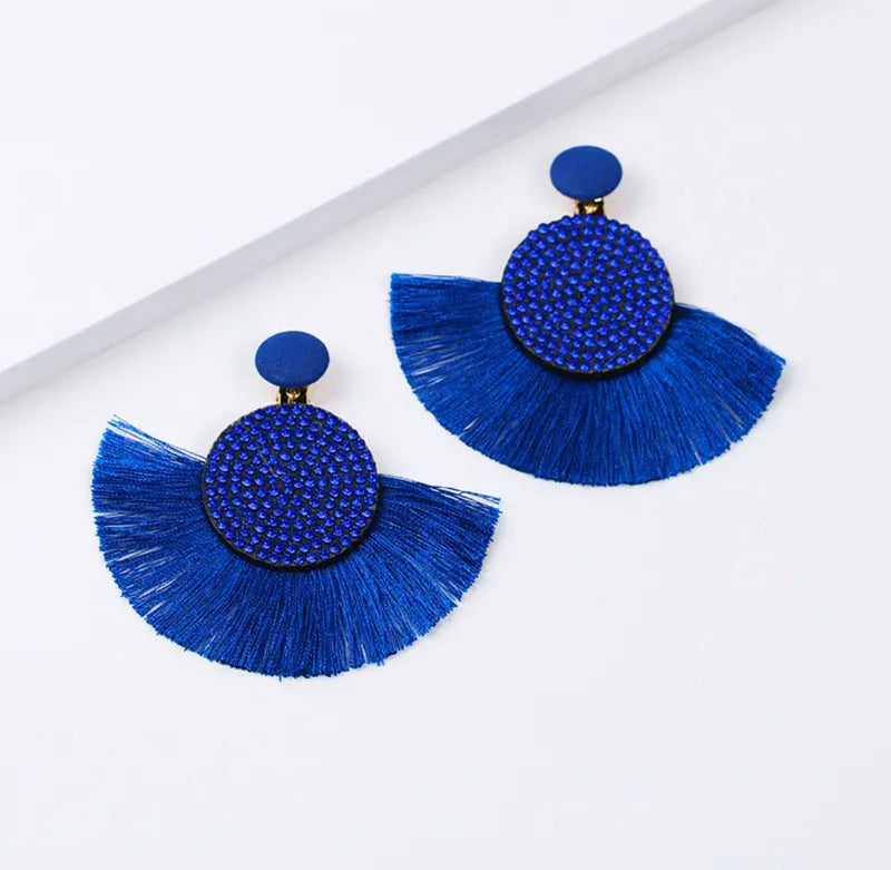 Bohemian clip on 3 1/4" blue stone dangle thread fan earrings