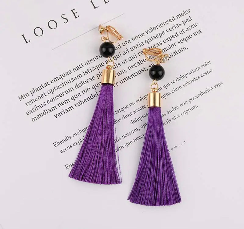 Clip on 4" long gold and black bead string earrings in a variety of colors